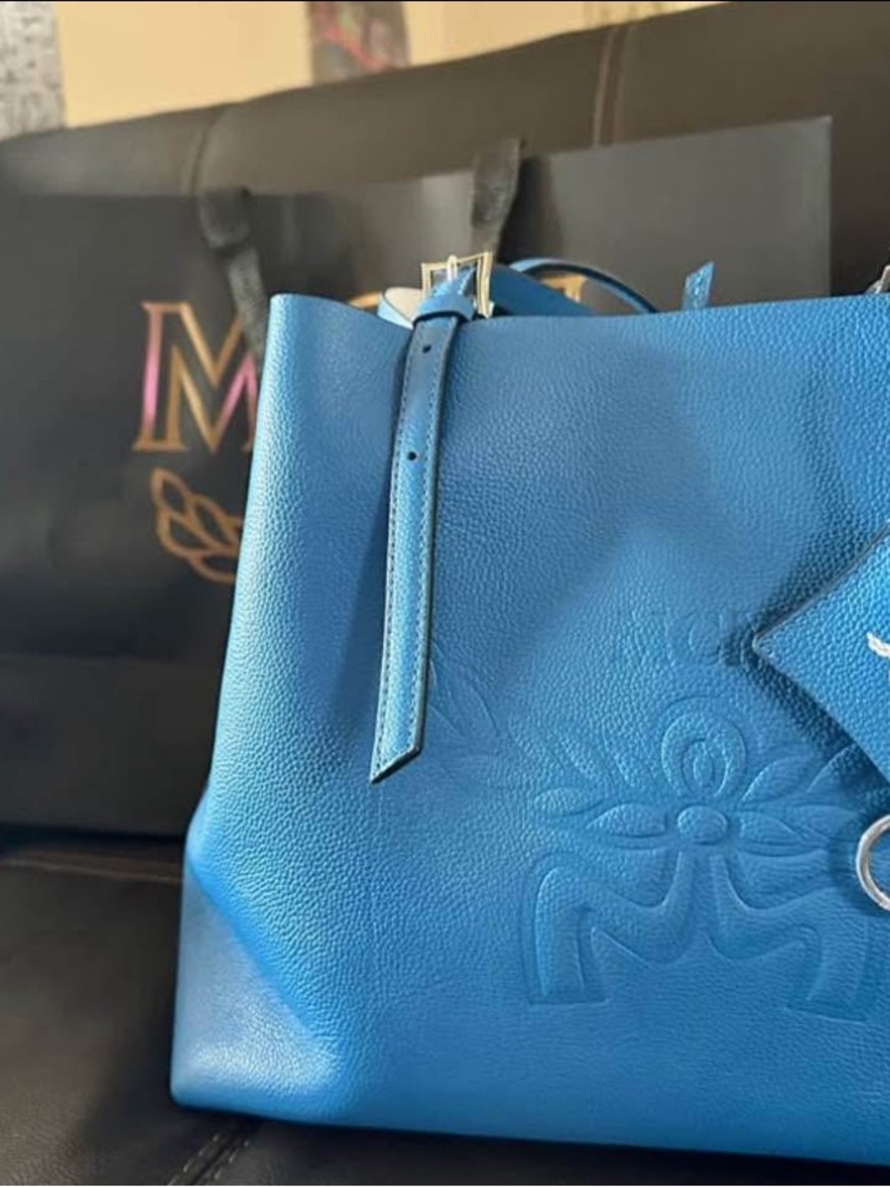 MCM Cobalt Blue Embossed Leather Tote with Buckle Strap